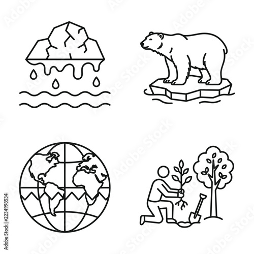 Climate Change Concept Icons Including Melting Ice and Planting Tree