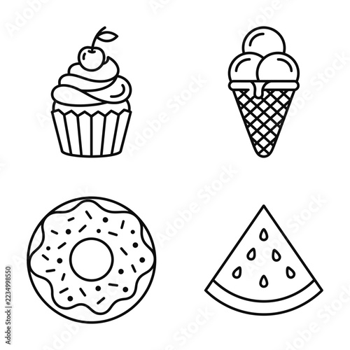 Colorful illustration of dessert icons including cupcakes ice cream donut and watermelon