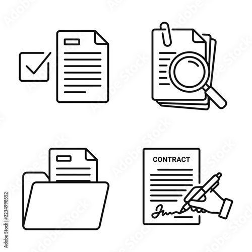 Contract signing business documents icons
