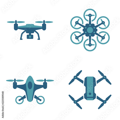 Set of modern drone icons showing different aerial photography quadcopters and UAV designs.