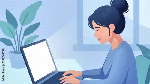 2d animations, an illustration of a person using a computer, blue, a background of leaves 