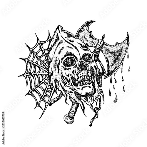 Obraz na plátně Human skull entwined with spider web and a dripping battle axe illustration engr