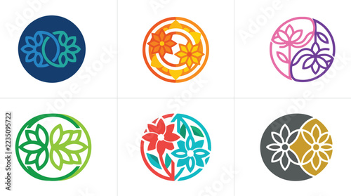 Six colorful circular floral logo icons featuring geometric flower shapes for organic identity