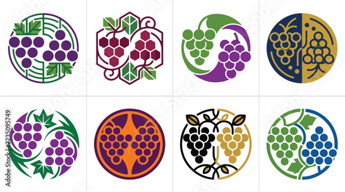 Set of eight circular grape cluster icons for wine label and vineyard branding