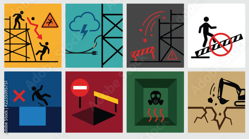 Construction safety icons showing falling people electric hazards and toxic gas workplace warning