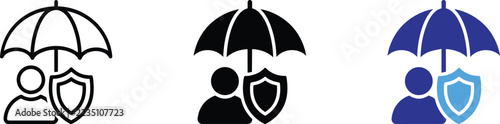 Insurance protection umbrella shield icon set vector illustration featuring person security and safety coverage concept flat design