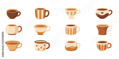 Ceramic mug and cup collection with various shapes and patterns