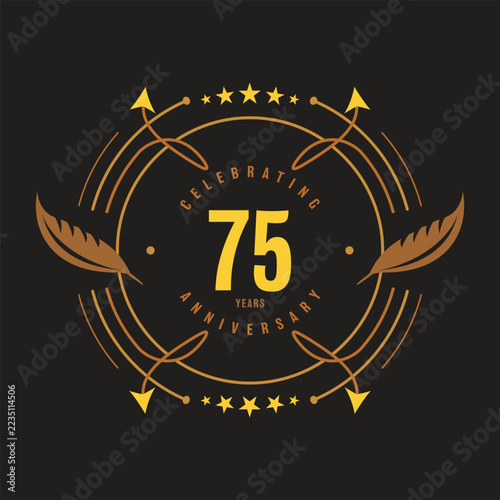 75 Years Anniversary Celebration Badge with Vintage Feather Ornaments, Stars and Golden Circular Emblem Vector Design