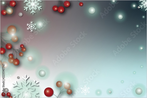 Christmas background with snowflakes and red berries.