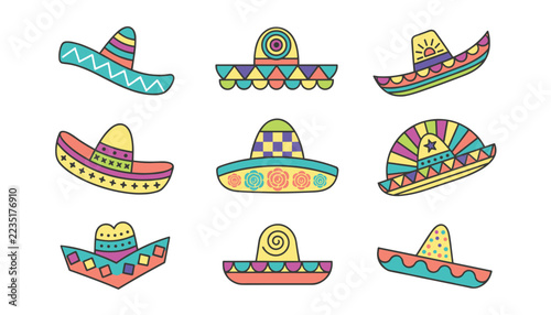 Set of nine festive mexican sombreros with colorful stripes, zigzags, and floral patterns for Cinco de Mayo celebrations.