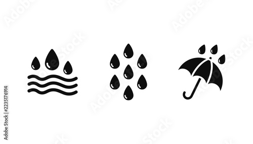 Three black flat icons showing water drops falling, heavy rainy clouds, and protective umbrella under rain showers.