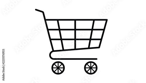 Shopping cart outline icon with wheels representing grocery shopping, retail business, e-commerce, and supermarkets.