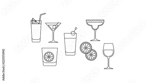 Set of different cocktail glasses and alcoholic drinks vector line icons featuring lemon slices, cherry, and drinking straws.