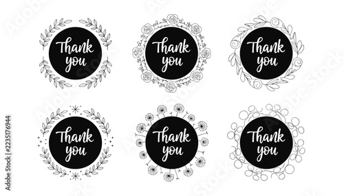 Thank you text inside black circular badges decorated with various delicate hand drawn floral and leaf frames.
