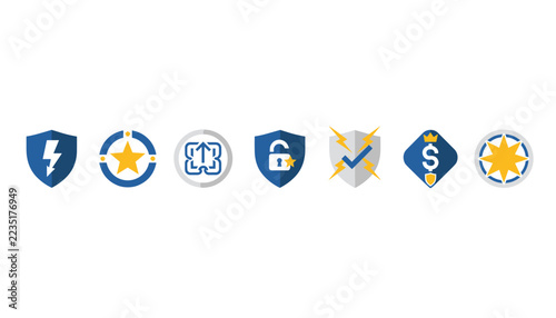 Set of seven colorful security and trust badges featuring shield, star, lock, checkmark, dollar sign, and sun motifs.