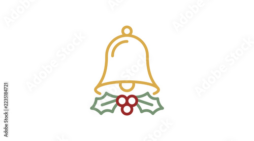 Minimalist christmas bell icon with holly berries and leaves illustration.