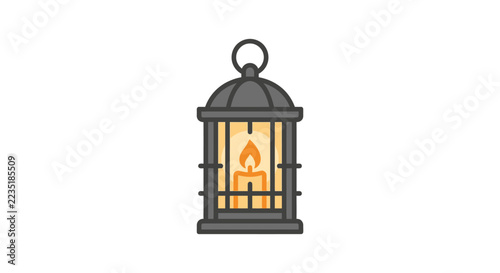 Vintage style iron lantern with a glowing candle inside.