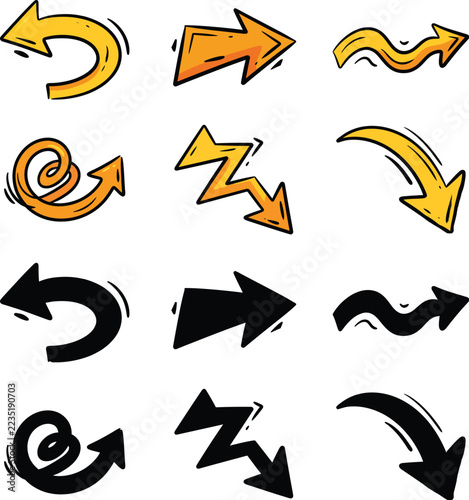 Hand Drawn Arrow Set in Yellow Orange and Black Silhouette Styles