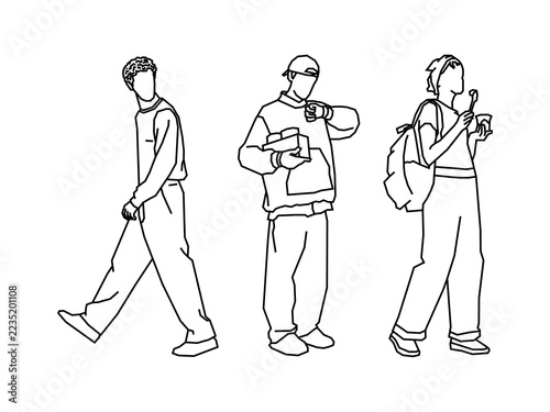 This illustration features a vector of three human figures, rendered in a black, monochrome line-art style against a white background.