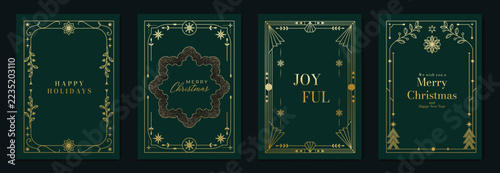 Christmas greeting card templates vector set with gold frames, elegant emerald green backgrounds, geometric holiday borders and festive typography. Luxury winter stationery for seasonal wishes.