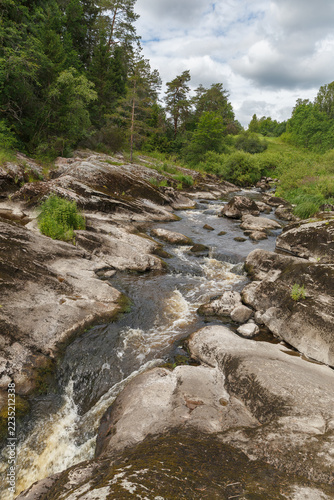 Stream descends over smooth rock ledges in a green summer river landscape.