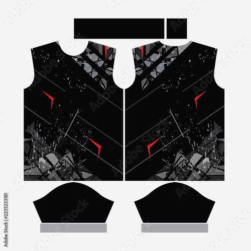 Modern Black and Red Abstract Sports Jersey Design Mockup Template with Geometric Tech Pattern for Custom Sublimation Sportswear T-Shirt Vector