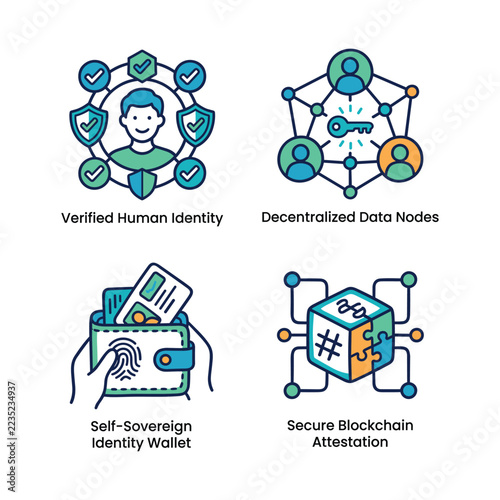 Digital identity and blockchain concepts for secure data and self-sovereign identity.