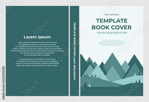 A template book cover design featuring a minimalist mountain landscape on the front, with a solid teal back cover and spine, suitable for various publications.