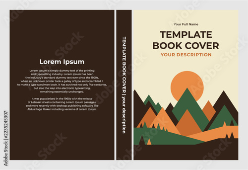 Book cover design with a stylized mountain landscape featuring a sunset or sunrise, alongside a back cover with placeholder text.