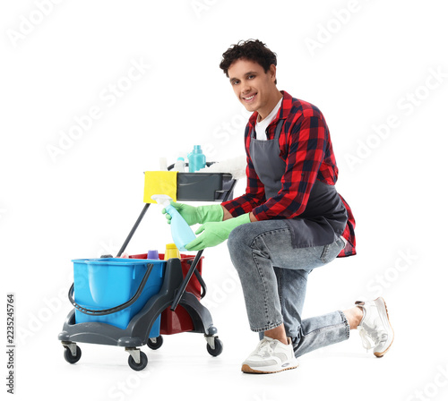 Fotografie Professional cleaning service and janitorial maintenance, smiling man with clean