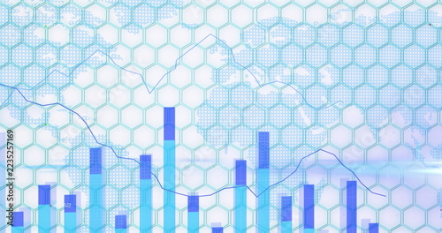 Digital graph and world map illustrating global financial trends and data analysis