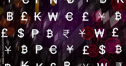 Displaying currency symbols on digital screen, representing global financial markets
