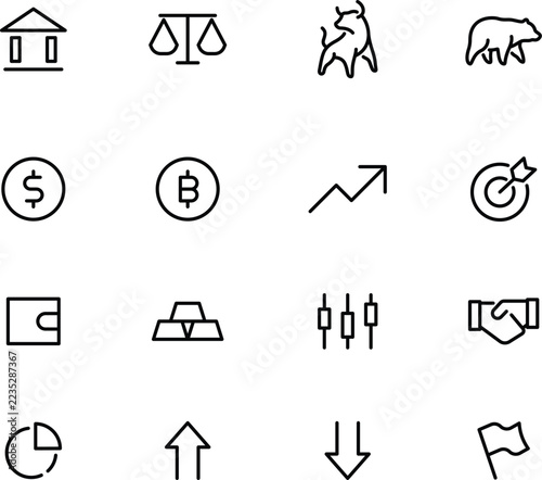 Stock market and financial investment line icon set. Minimalist outline symbols for trading, banking, cryptocurrency, data analytics, and the economy. Vector illustration with editable stroke.