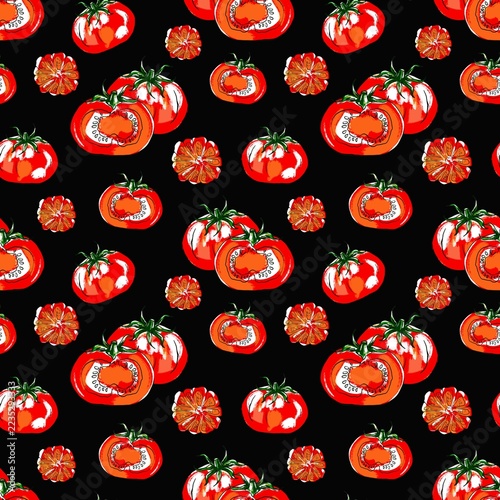 Tomato seamless pattern with ripe tomatoes, cherry tomatoes and slices in a bold vintage color ink style. Design for kitchen textiles, fabric, wallpaper, packaging and summer designs.
