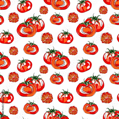 Tomato seamless pattern with ripe tomatoes, cherry tomatoes and slices in a bold vintage color ink style. Design for kitchen textiles, fabric, wallpaper, packaging and summer designs.