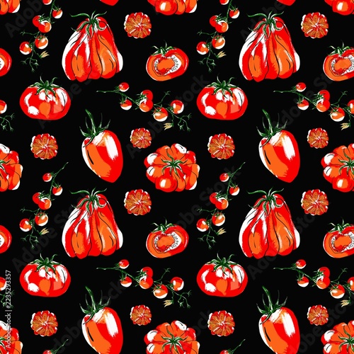 Tomato seamless pattern with ripe tomatoes, cherry tomatoes and slices in a bold vintage color ink style. Design for kitchen textiles, fabric, wallpaper, packaging and summer designs.