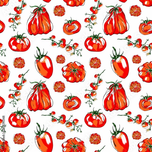 Tomato seamless pattern with ripe tomatoes, cherry tomatoes and slices in a bold vintage color ink style. Design for kitchen textiles, fabric, wallpaper, packaging and summer designs.