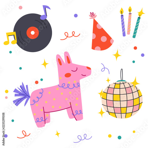 Colorful birthday party illustration featuring a cute pink llama, a vinyl record, a disco ball, party hat and candles. Playful retro-inspired vector artwork with bright colors and festive details