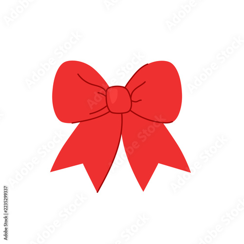 Bright red decorative ribbon bow with elegant loops and flowing tails, illustrated in a simple cartoon vector style. Perfect for Christmas decorations, gift wrapping, greeting cards, packaging, holida