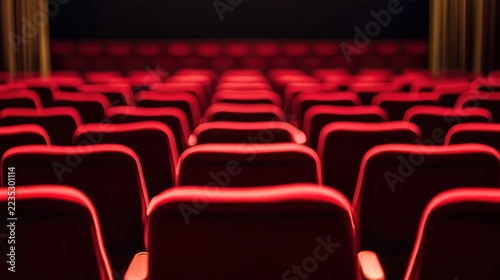 drama. Empty theater seats bathed in soft light, creating a sense of anticipation and quiet elegance. event programs, museum guides, designed for cultural heritage projects and event programs.