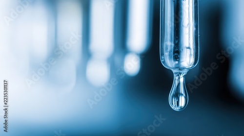 chamber. Extreme close-up of a clear droplet forming in a glass medical chamber. STEM education sheets, lab safety posters, designed for STEM education and laboratory safety posters.