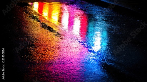 beacon. Vibrant emergency light reflections create abstract patterns on wet pavement at night. product launch decks, UI/UX mockups, designed for data visualization dashboards and holographic UIs.