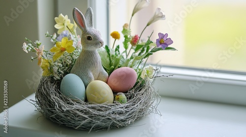 figurine. Easter decoration arrangement featuring pastel eggs in nest with spring flowers and decorative bunny on clean white surface. event programs.