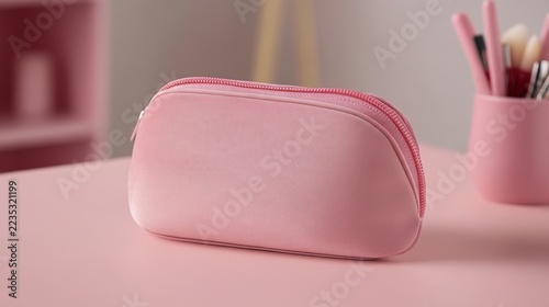 pouch. Elegant cosmetic pouch placed on a soft pink surface with subtle texture details. lifestyle magazines, social media lookbooks, designed for lifestyle magazines and social media content.