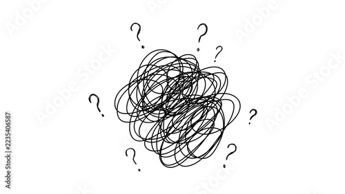 Fotografie Hand drawn tangled scribble thought cloud with question marks isolated on transparent background