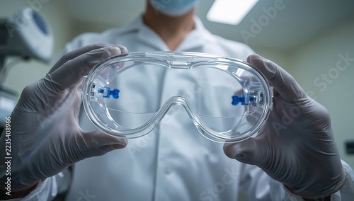 A scientist in a lab coat holds a pair of goggles, likely for an experiment or observation
