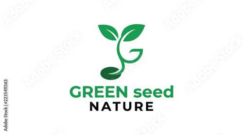 Green Seed Nature Logo Design with Sprout and Leaf Elements.