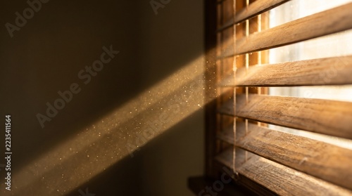 Sunlight streaming through wooden blinds, warm golden tones, dust particles in light beam