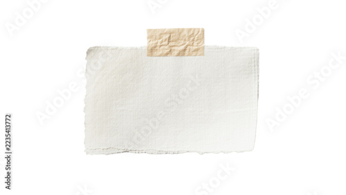 Rough textured paper note held by crumpled beige tape, isolated on transparent background