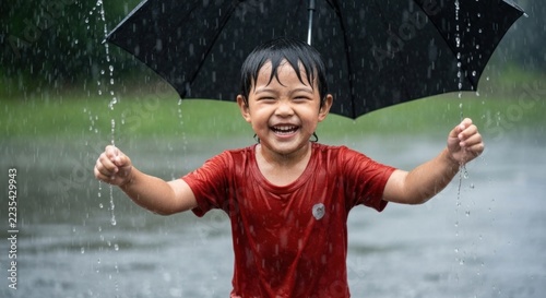 Joyful child smiles under an umbrella, arms outstretched, enjoying a downpour